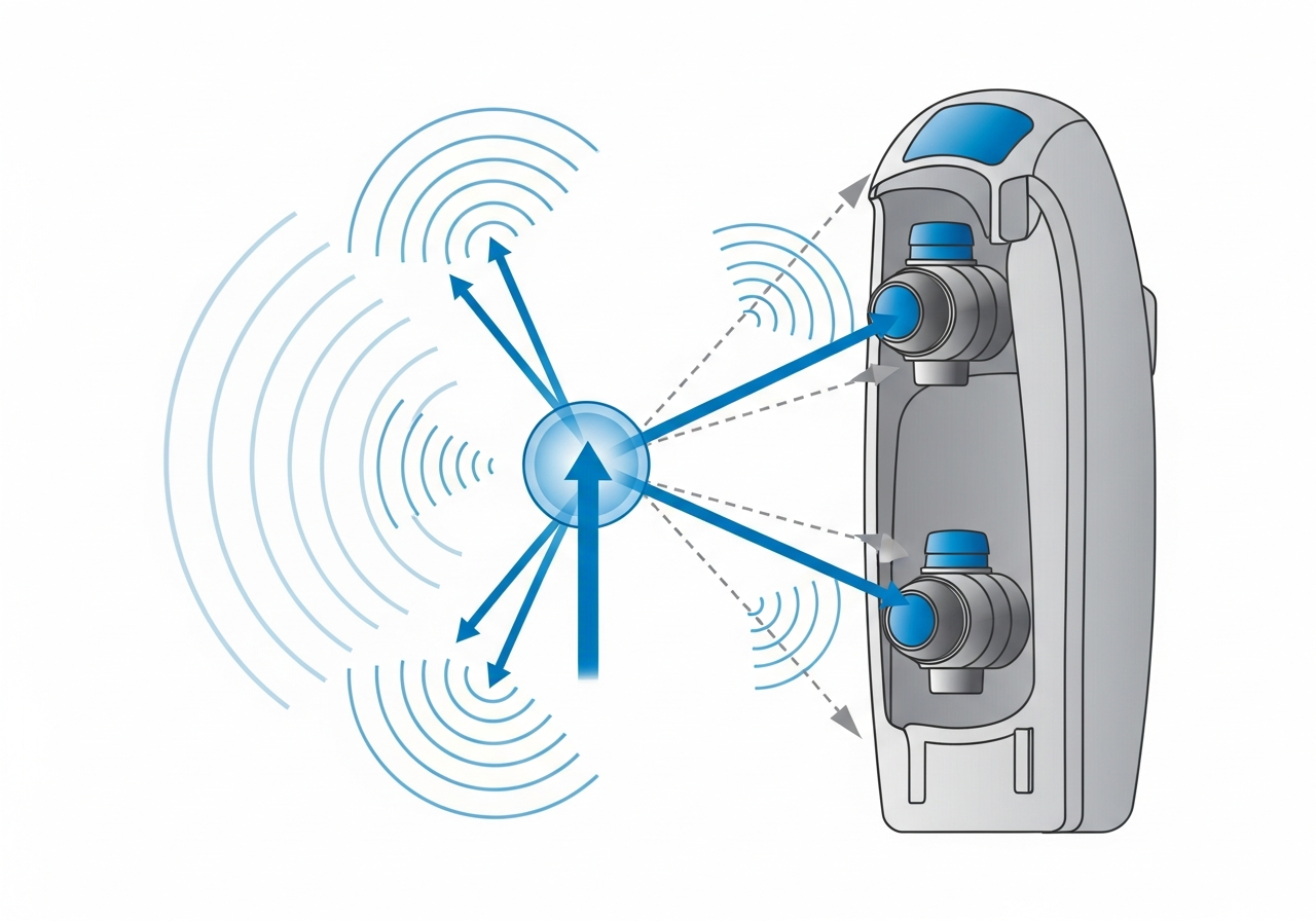 Beamforming microphone diagram showing how two microphones in a hearing aid create a directional pickup pattern through signal processing